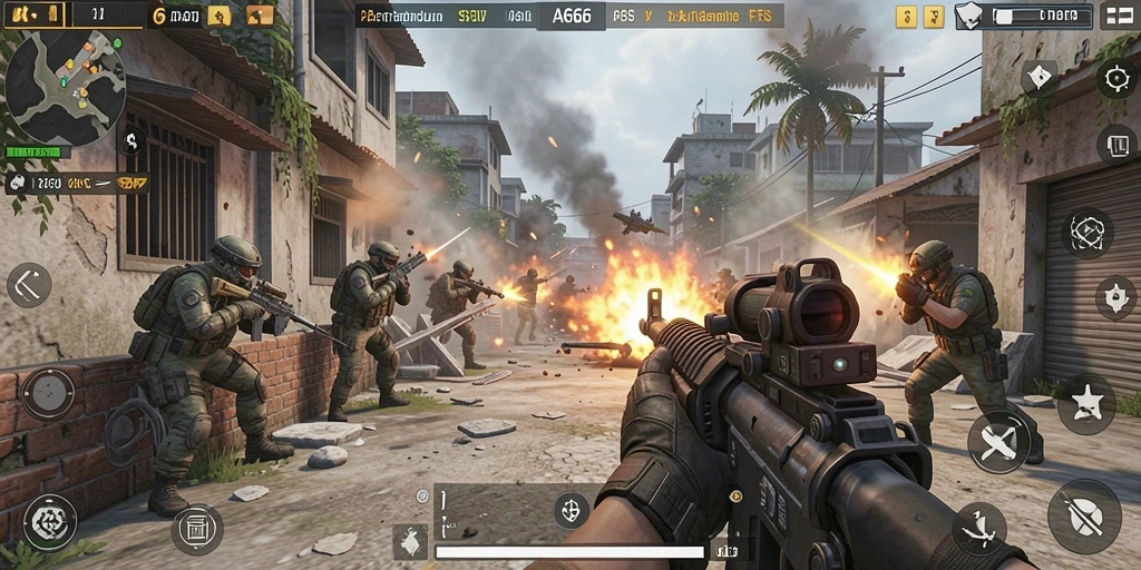 Screenshot gameplay menampilkan aksi intens di dunia FPS.