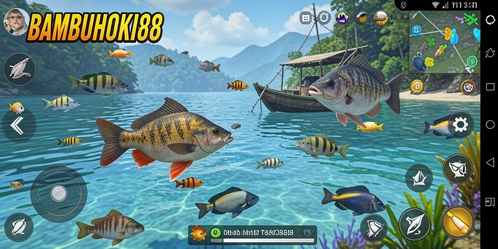 Screenshot gameplay BAMBUHOKI88 yang menampilkan momen menangkap ikan.