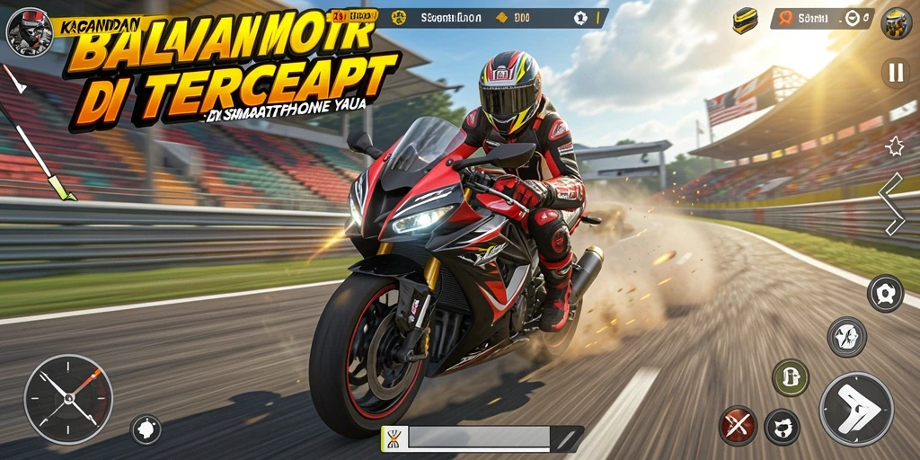 Tampilan gameplay KAGANDAN dengan motor yang melaju cepat di trek.