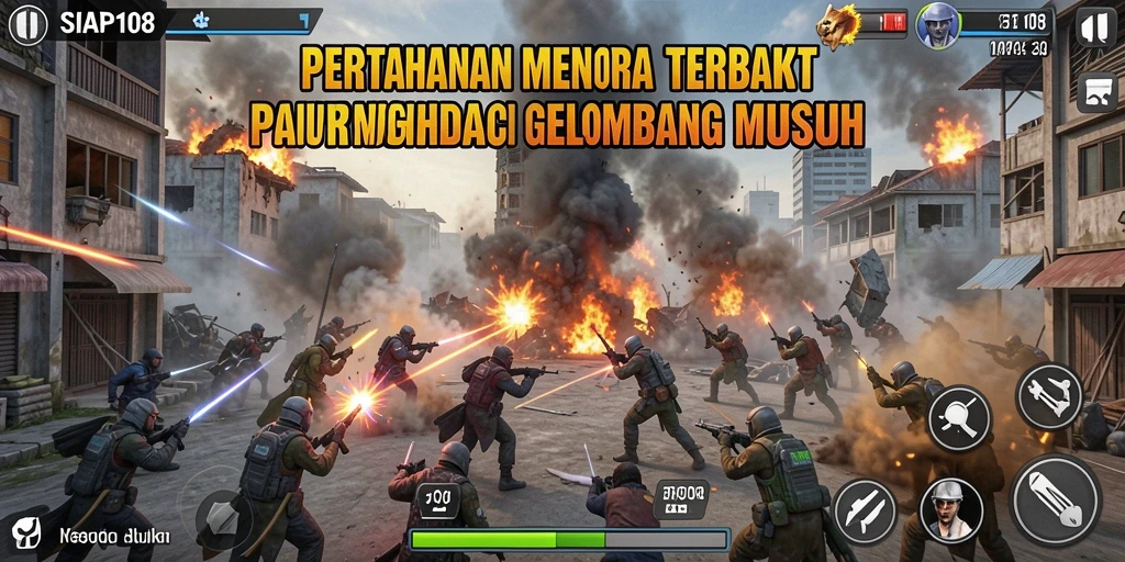 Gameplay SIAP108 menampilkan menara bertahan melawan gelombang musuh.