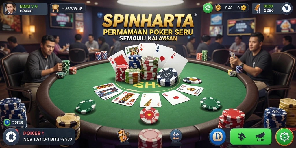 Tampilan gameplay SPINHARTA dengan suasana poker yang menarik.